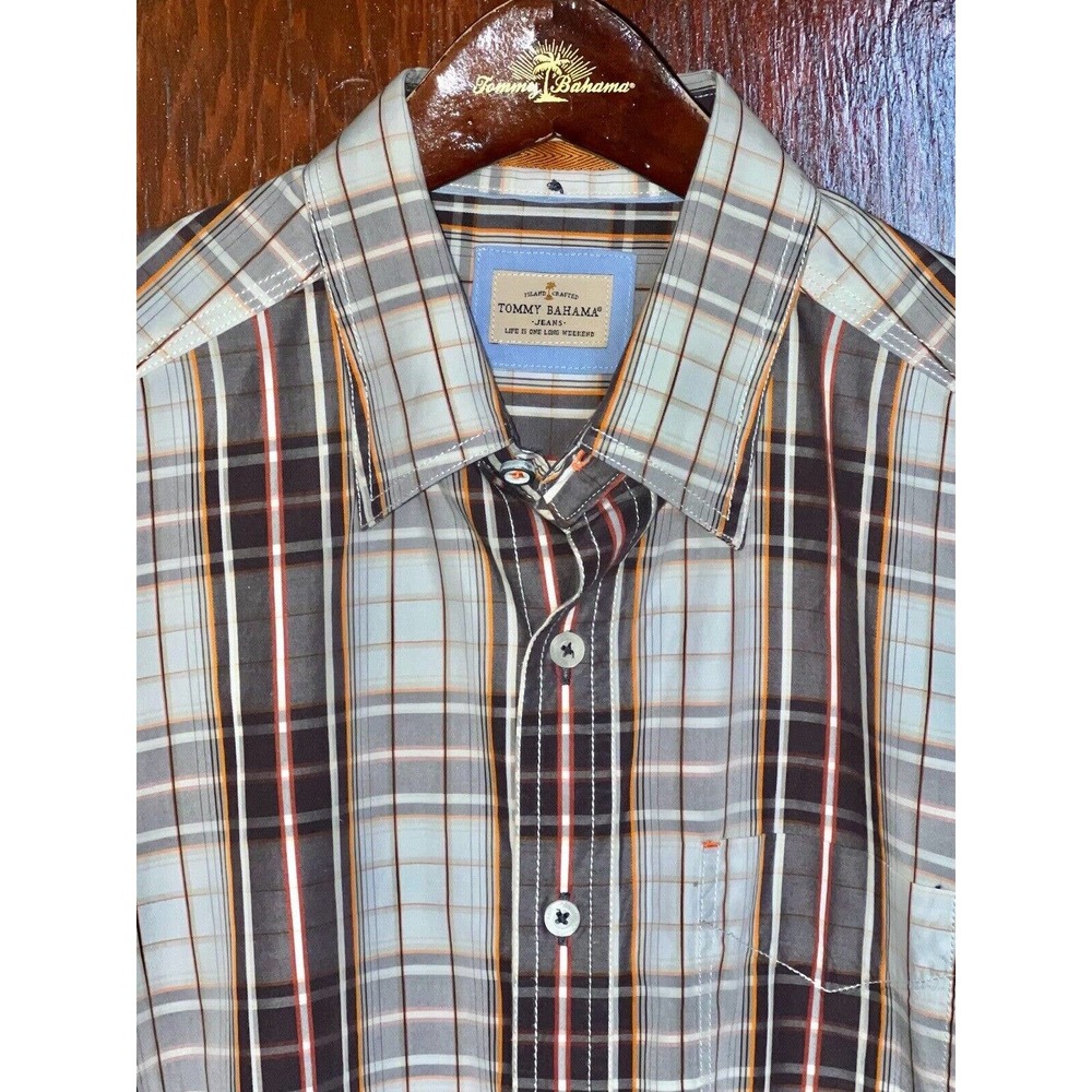 TOMMY BAHAMA BROWN BEIGE ORANGE PLAID SHIRT SIZE S
